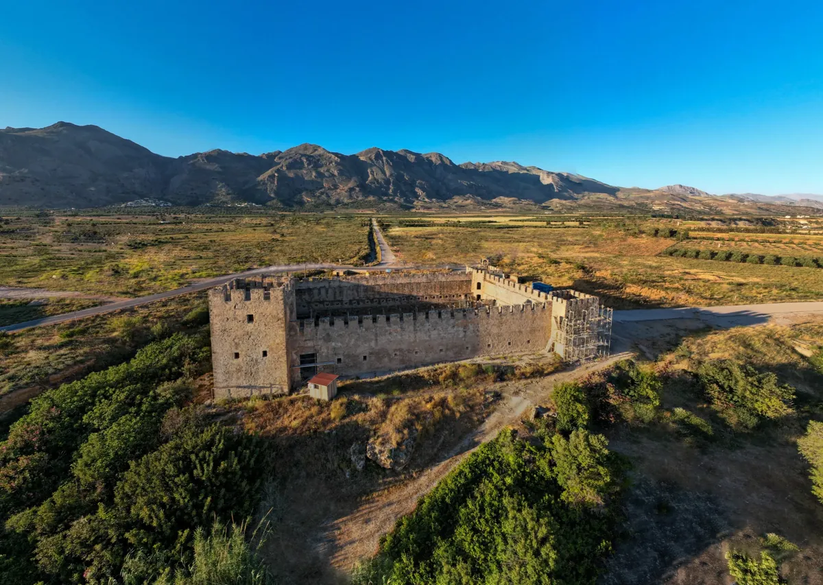 The Venetian fortress of Frangokastello on the plain by the sea, the mountains behind